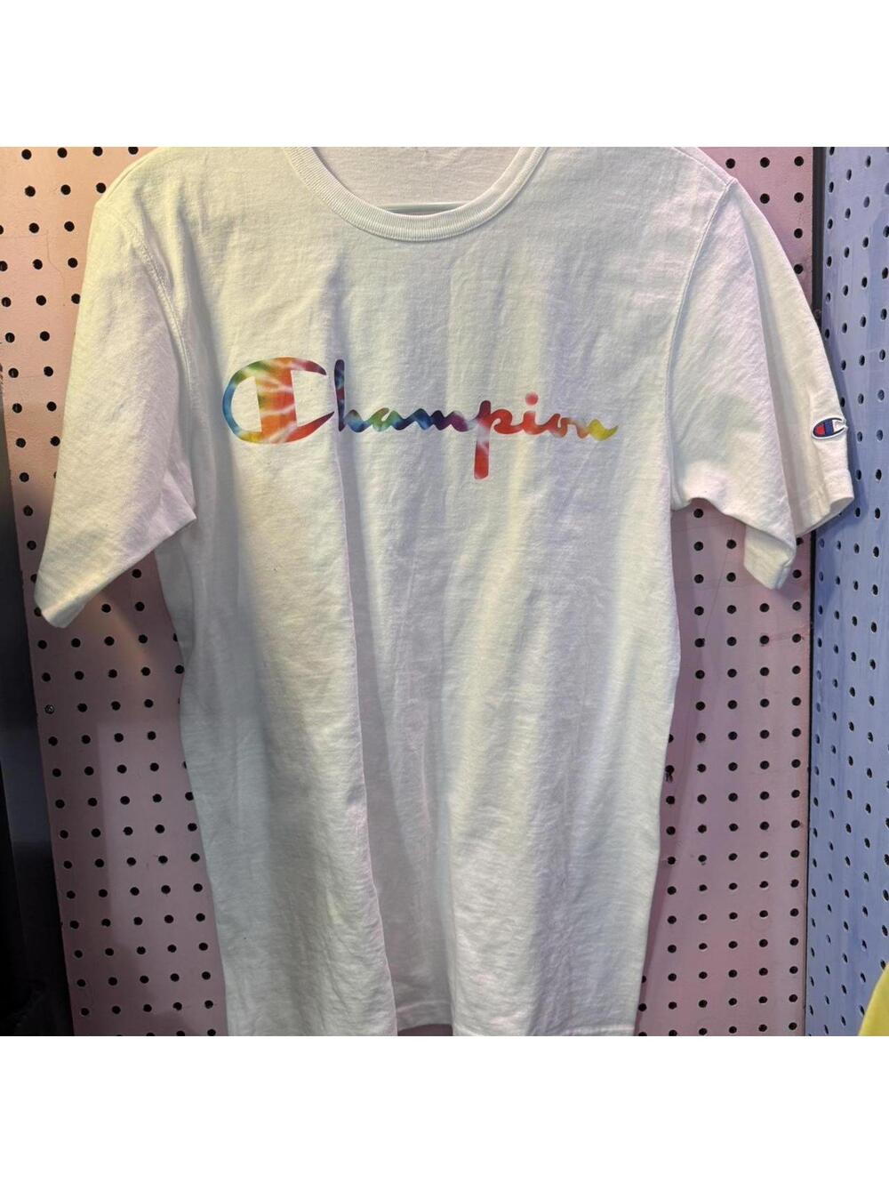 Vintage white Champion tie-dye logo cotton t-shirt. Size m/l